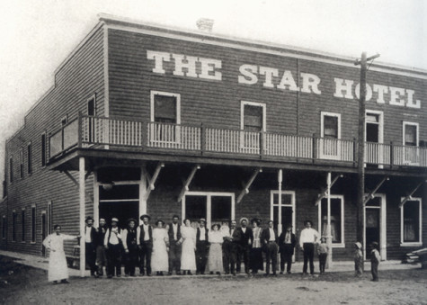 A crowd of people in front of Elko's Star Hotel in its early days